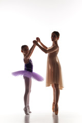 Fototapeta na wymiar The little ballerina dancing with personal ballet teacher in