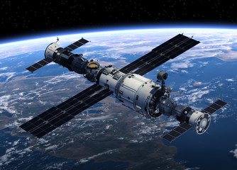 Space Station And Spacecrafts Orbiting Earth. 3D Scene.