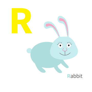 Letter R Rabbit Zoo alphabet. English abc with animals Education cards for kids Isolated White background Flat design