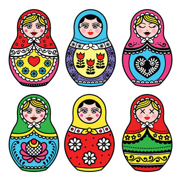 Matryoshka, Russian doll colorful icons set 