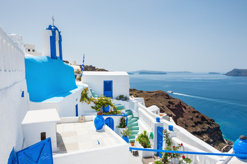 White-blue architecture on Santorini island, Greece.
