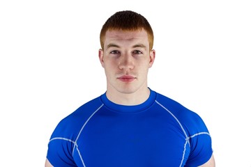 A serious rugby player looking at the camera