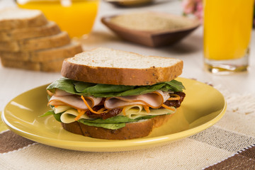 Sandwich on a white plate with turkey breast, tomato and lettuce