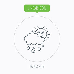 Rain and sun icon. Water drops and cloud sign.