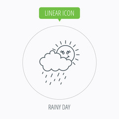 Rain and sun icon. Water drops and cloud sign.
