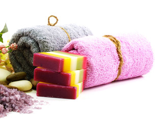 Obraz na płótnie Canvas mixed fruit soap and towel for clean and health skin care