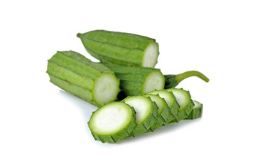fresh Angled loofah, gourd with stem on white background