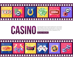 Film strips and set of colorful modern gambling icons, casino