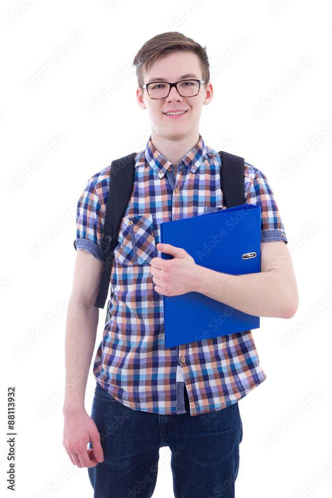 Wall mural handsome teenage boy with backpack and book isolated on white