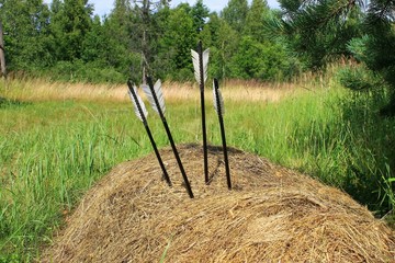 Стрелы лука, воткнутые в стог сена 