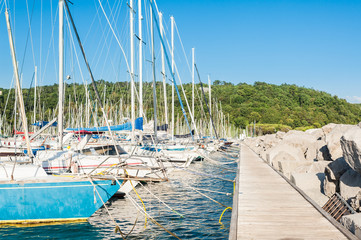 Pleasure boats moored in the harbor.
