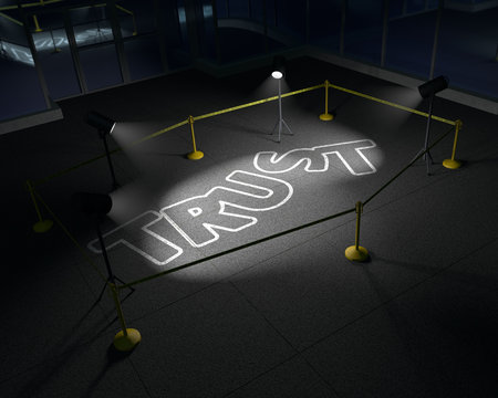 Trust has died - a high quality 3D render of a police tape and posts surrounding a chalk outline of the word trust, night shot with portable lighting.