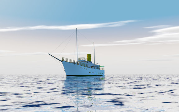 3D rendering of a steam yacht, circa 1880 - 1920, on calm seas.