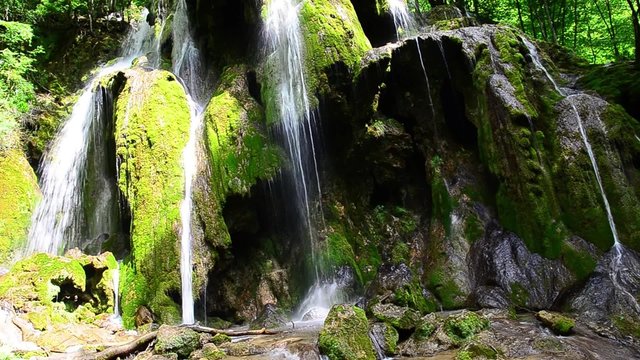 Close-up view of the most famous waterfall in Europe, Bigar, with the most constant and refined flow of water in the Caras Severin National Park in Romania