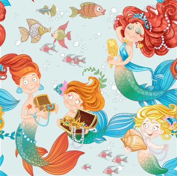 Seamless pattern with cute mermaids playing with jewelry
