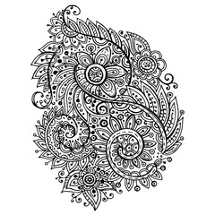 Traditional vector oriental floral black and white ornament with