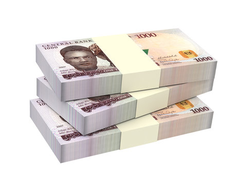 Nigerian nairas isolated on white background. Computer generated 3D photo rendering.