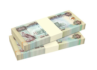 United Arab Emirates dirhams bills isolated on white background. Computer generated 3D photo rendering.