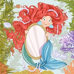 Cute mermaid with flowing long hair holding a big vertical mirro