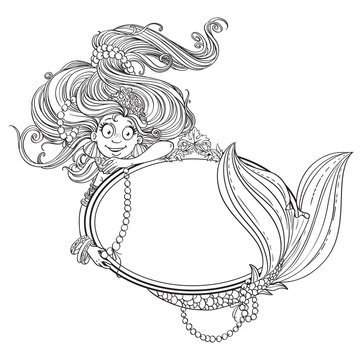 Lovely mermaid with flowing long hair holding a big mirror outli