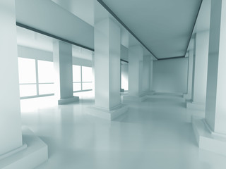 Fototapeta na wymiar Empty Corridor Interior Background With Columns And Windows