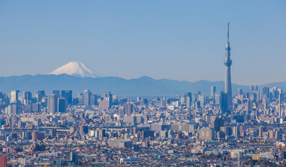 Tokyo city view with Tokyo sky tree and Mountain Fuji in background