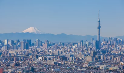 Muurstickers Tokyo city view with Tokyo sky tree and Mountain Fuji in background © torsakarin