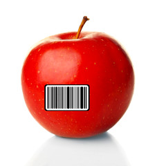 Red apple with barcode isolated on white