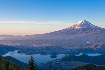 Mountain Fuji and Kawaguchiko lake in morning
