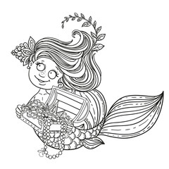 Cute little mermaid holding a treasure Chest outlined