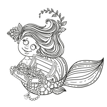 Cute little mermaid holding a treasure Chest outlined