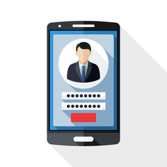 Smart phone icon with user login form and long shadow on white b