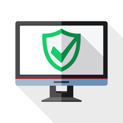 Monitor icon with security shield on the screen and long shadow