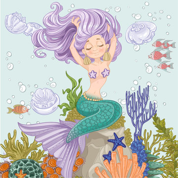 Beautiful mermaid straightens hair sitting on a rock with algae