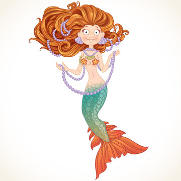Beautiful mermaid with luxurious hair and strings of pearls