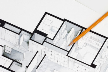 Naklejka na ściany i meble Sharp orange glazed regular pencil on isometric floor plan real estate flat interior decoration architecture drawing