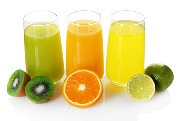 Glasses of different juice with fruits isolated on white