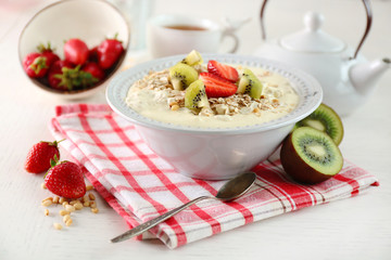 Healthy breakfast with homemade oatmeal, close up