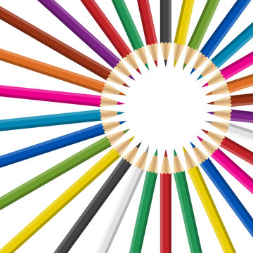 Circle of rainbow colored pencils on white background.