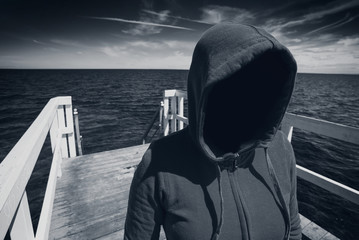 Faceless Hooded Unrecognizable Woman at Ocean Pier, Abduction Co