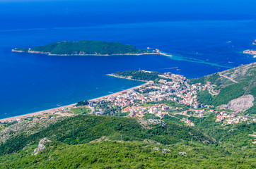 Fototapeta na wymiar View on mountain, sea, Budva and Sveti Nikola island