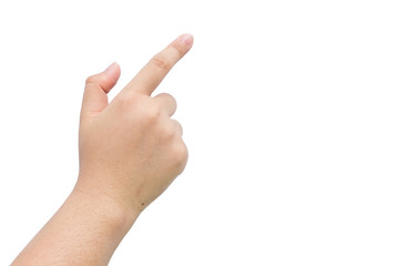 Female hand with pointing action on isolated background.