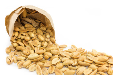 Processed peanuts in paper bag with isolated background.