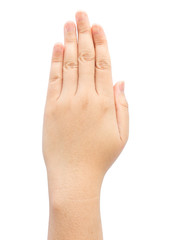Female hand with five finger on isolated background.