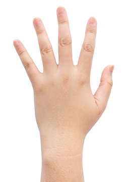 Female hand with five finger on isolated background.