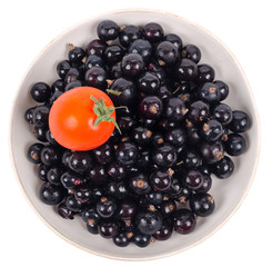 Isolated black currant with tomato on saucer