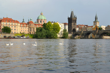 View of the Vltava River, Karlov Bridge and Bridge tower. Prague