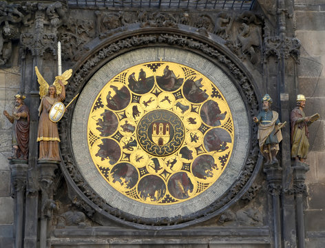 Astronomical clock on the Staromestsky town hall. Prague, Czech