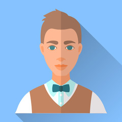 Blue trendy flat square wedding day fiance icon with shadow. Illustration of handsome future husband with short stylish brown hair wearing white shirt, brown waistcoat and blue bow tie.