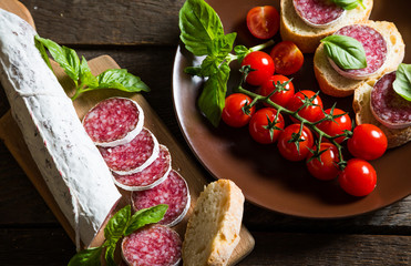 Salami bread with basil and cherry tomatoes